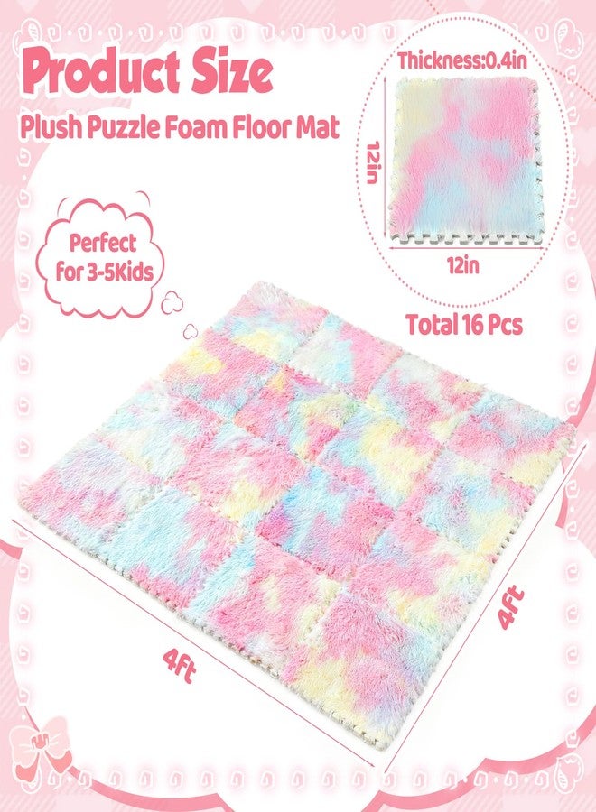 Maasechs 16 Pcs Pastel Shaggy Unicorn Princess Plush Puzzle Foam Floor Mat, 11.8 x 11.8 Inch Soft Interlocking Carpet Tiles, Colorful Shaggy Play Mat for Play Room, Nursery, Dorm Decor - Image 2